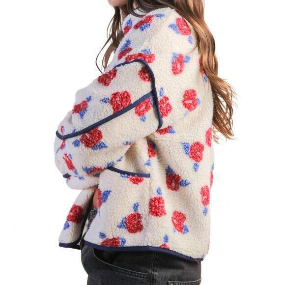NEW VERY J floral printed fleece sherpa jacket in white - Picture 2 of 4